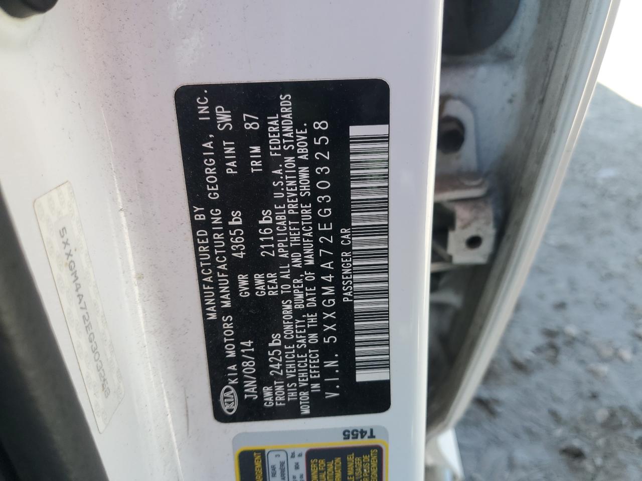 2014 KIA Optima VIN 5XXGM4A72EG303258 Copart auction photo, vandalism damage thumbnail 12