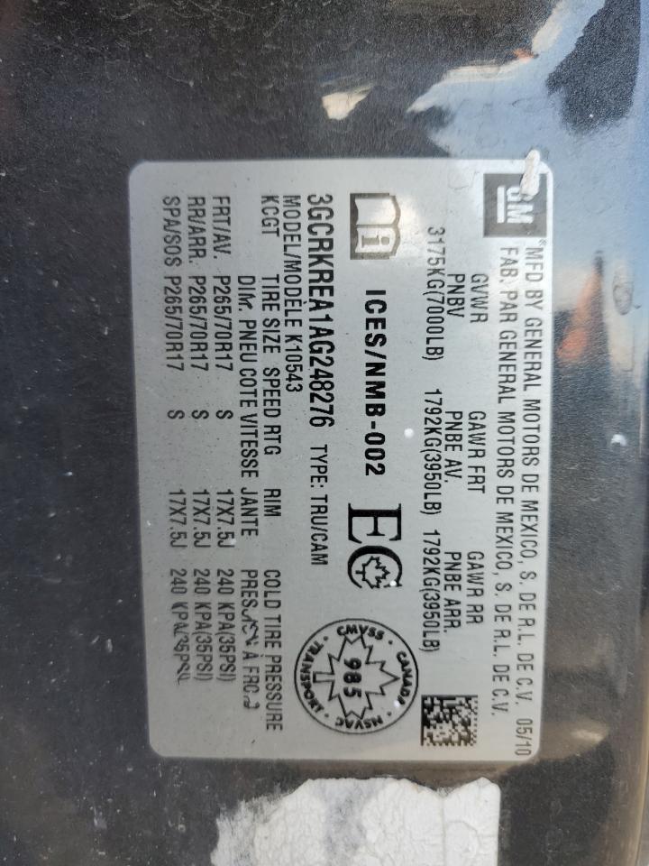 2010 Chevrolet Silverado VIN 3GCRKREA1AG248276 Copart auction photo, front end / rear end damage thumbnail 14