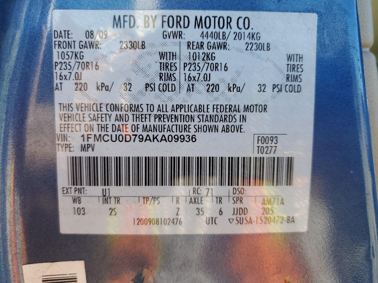2010 Ford Escape VIN 1FMCU0D79AKA09936 Copart auction photo, front end damage thumbnail 12