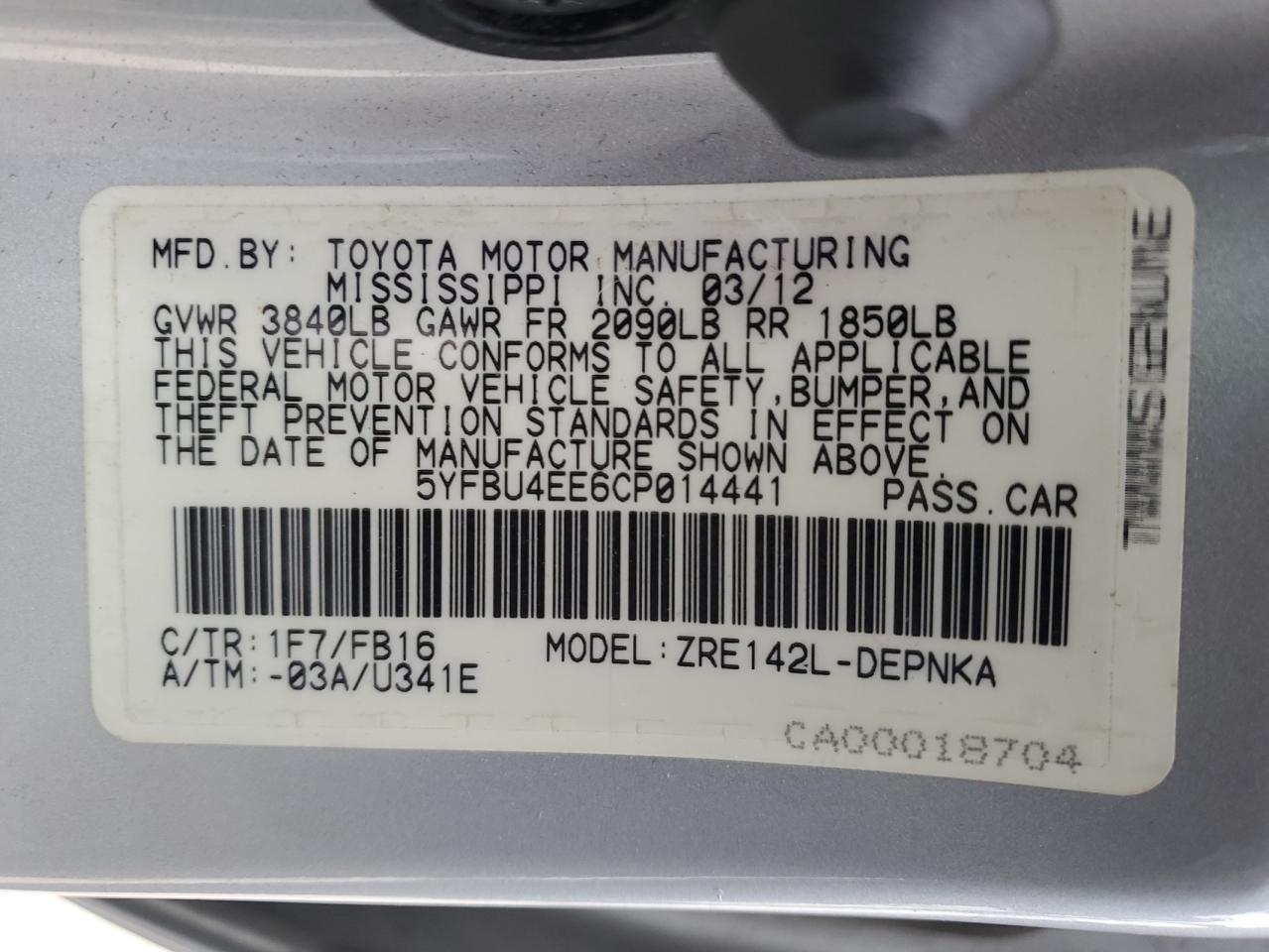 2012 Toyota Corolla VIN 5YFBU4EE6CP014441 Copart auction photo, front end / hail damage thumbnail 12