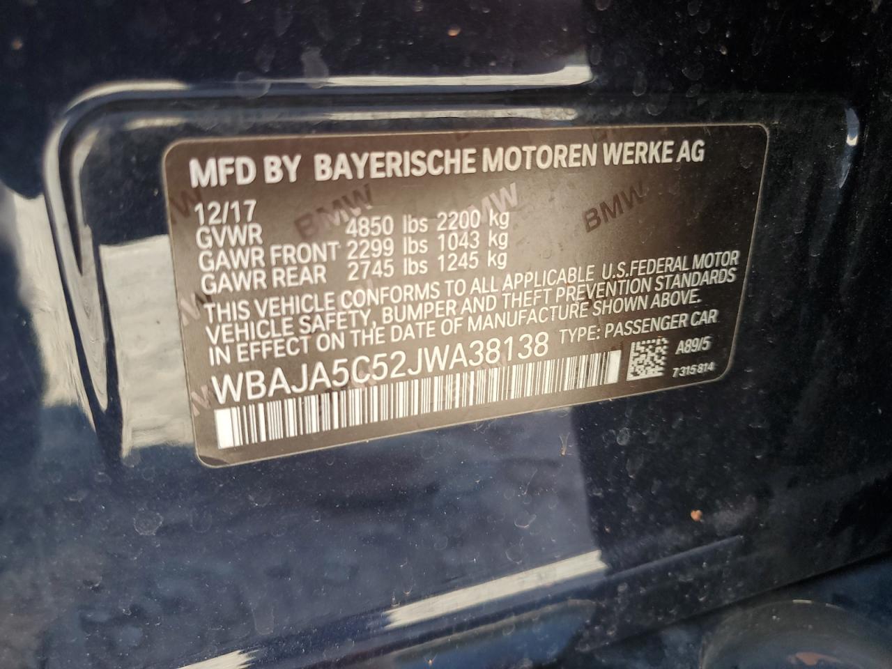 2018 BMW 5er VIN WBAJA5C52JWA38138 Copart auction photo, hail / minor dent/scratches damage thumbnail 12