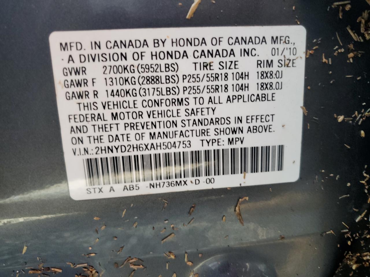 2010 Acura MDX VIN 2HNYD2H6XAH504753 Copart auction photo, water/flood damage thumbnail 14