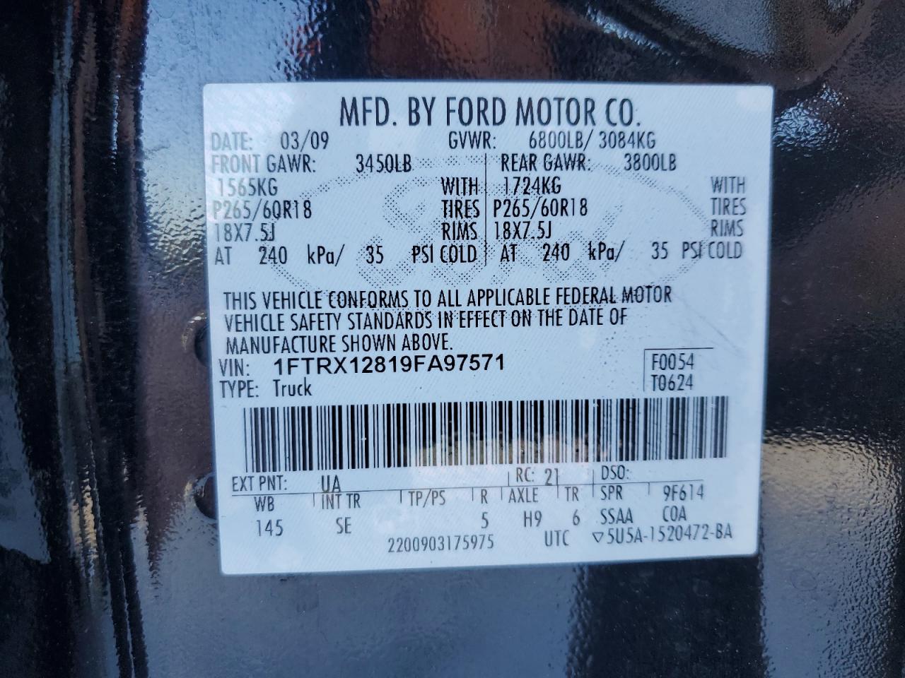 2009 Ford F-150 VIN 1FTRX12819FA97571 Copart auction photo, front end damage thumbnail 12