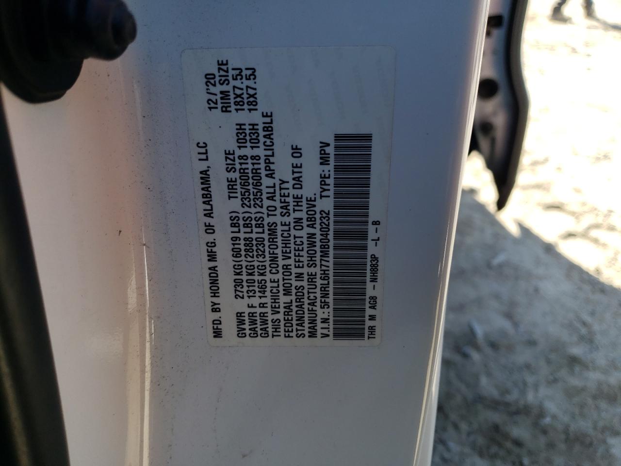 2021 Honda Odyssey VIN 5FNRL6H77MB040232 Copart auction photo, rear end / side damage thumbnail 15