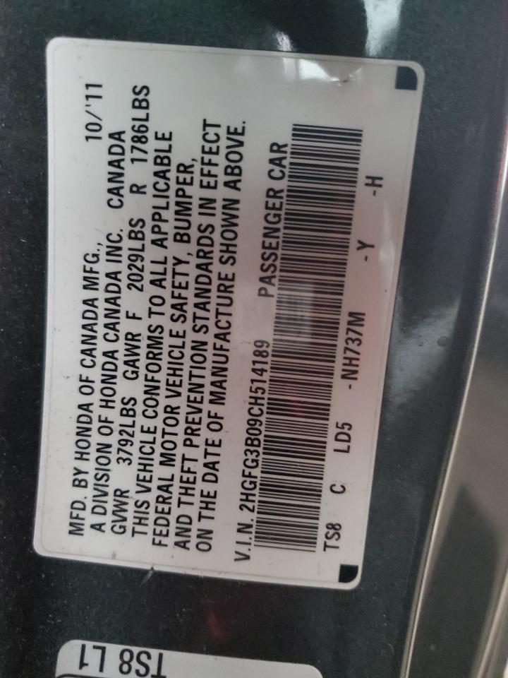 2012 Honda Civic VIN 2HGFG3B09CH514189 Copart auction photo, side / front end damage thumbnail 12