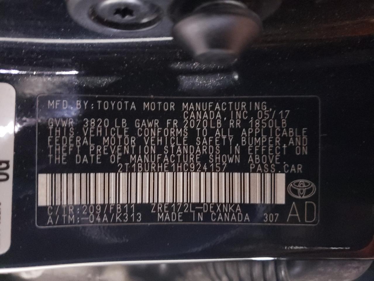 2017 Toyota Corolla VIN 2T1BURHE1HC924157 Copart auction photo, front end / side damage thumbnail 12