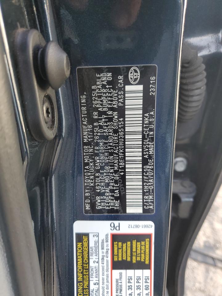 2017 Toyota Camry VIN 4T1BF1FK0HU365154 Copart auction photo, front end / rear end damage thumbnail 13