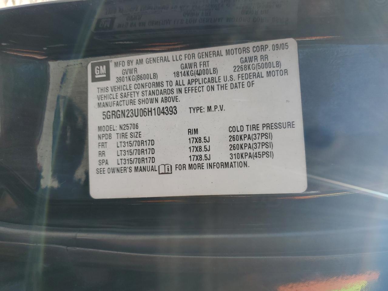2006 Hummer H2 VIN 5GRGN23U06H104393 Copart auction photo, front end / side damage thumbnail 14