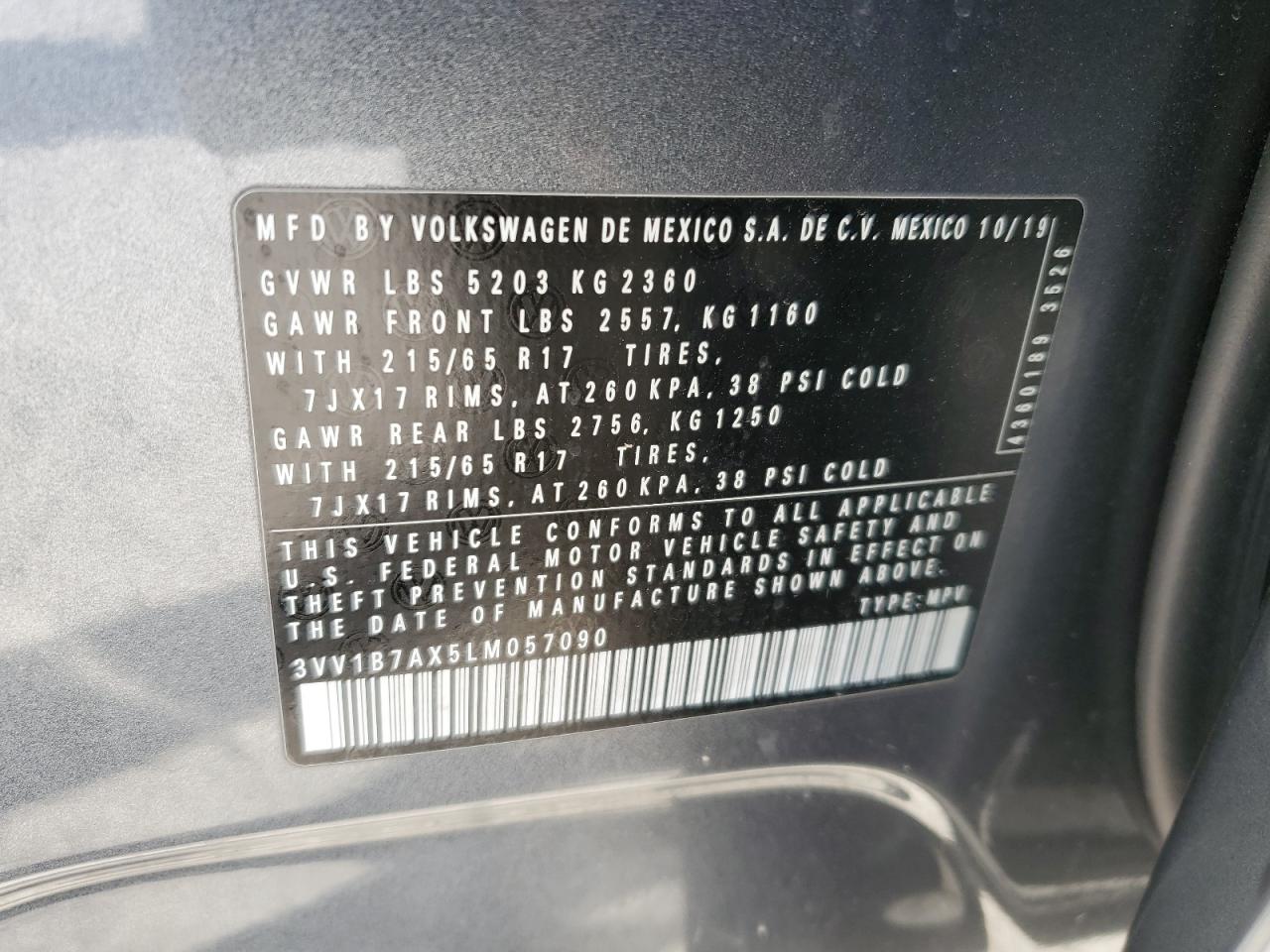 2020 Volkswagen Tiguan VIN 3VV1B7AX5LM057090 Copart auction photo, rear end / side damage thumbnail 12