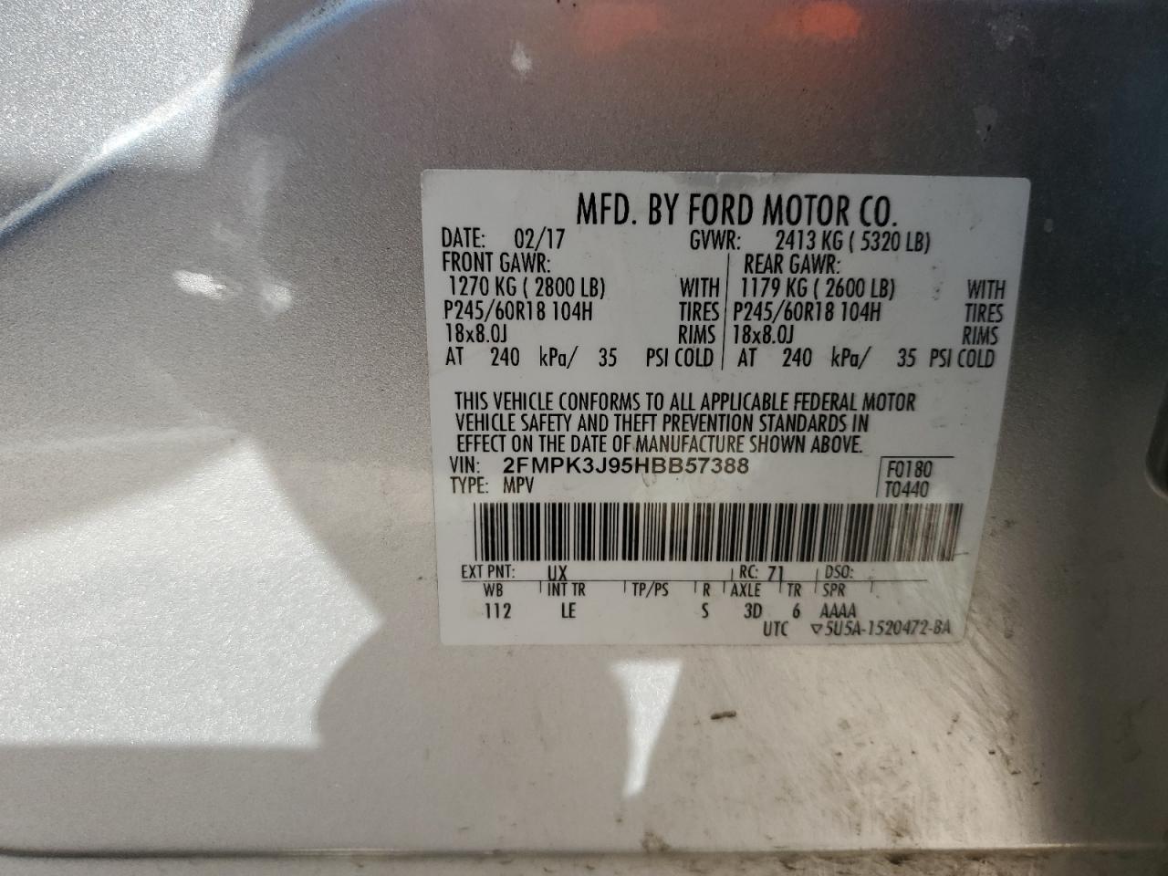2017 Ford Edge VIN 2FMPK3J95HBB57388 Copart auction photo, side / front end damage thumbnail 15