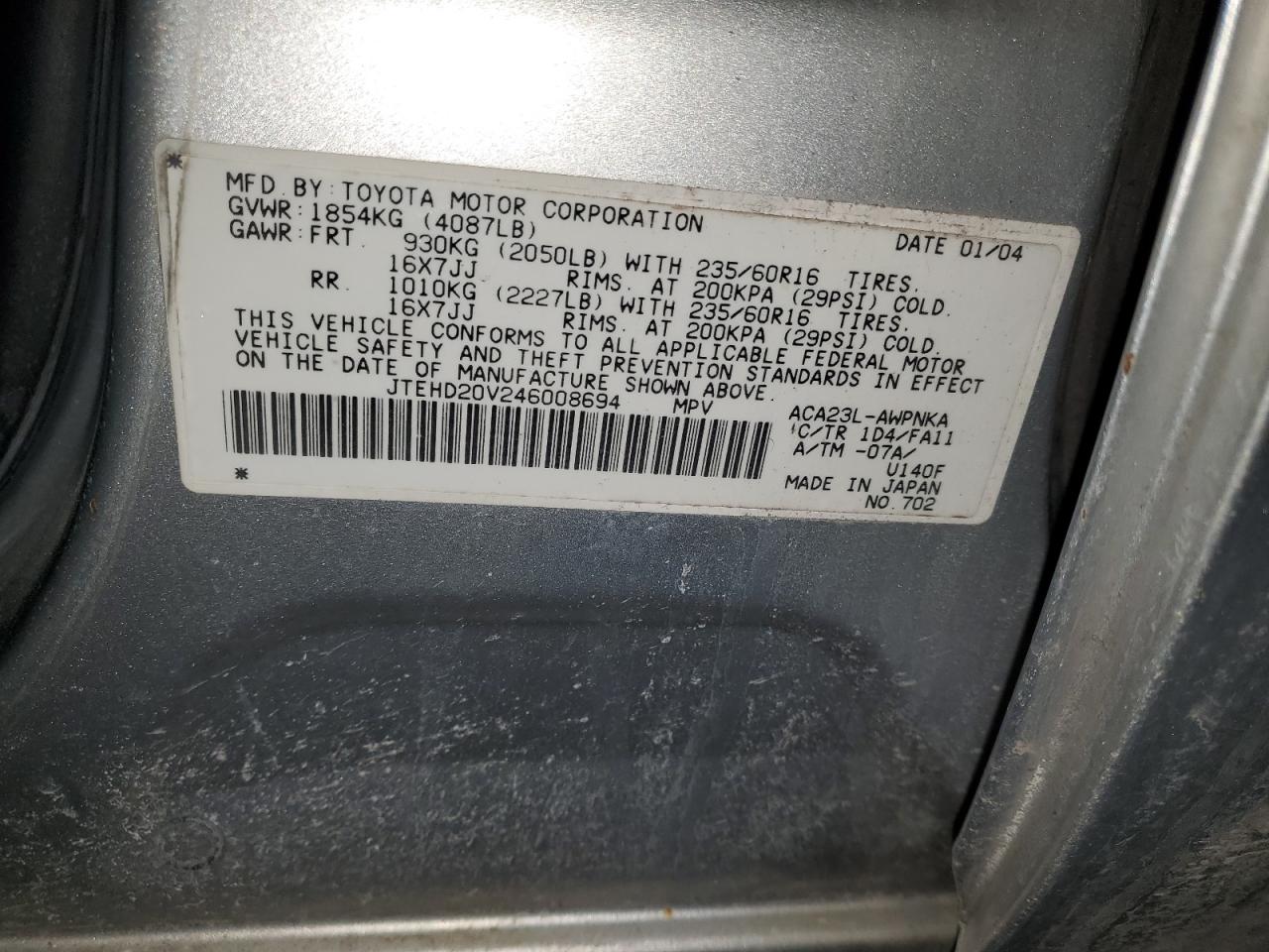 2004 Toyota RAV 4 VIN JTEHD20V246008694 Copart auction photo, front end damage thumbnail 13