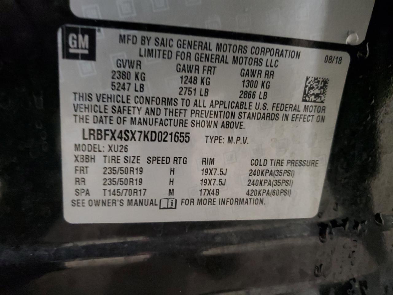 2019 Buick Envision VIN LRBFX4SX7KD021655 Copart auction photo, front end damage thumbnail 13