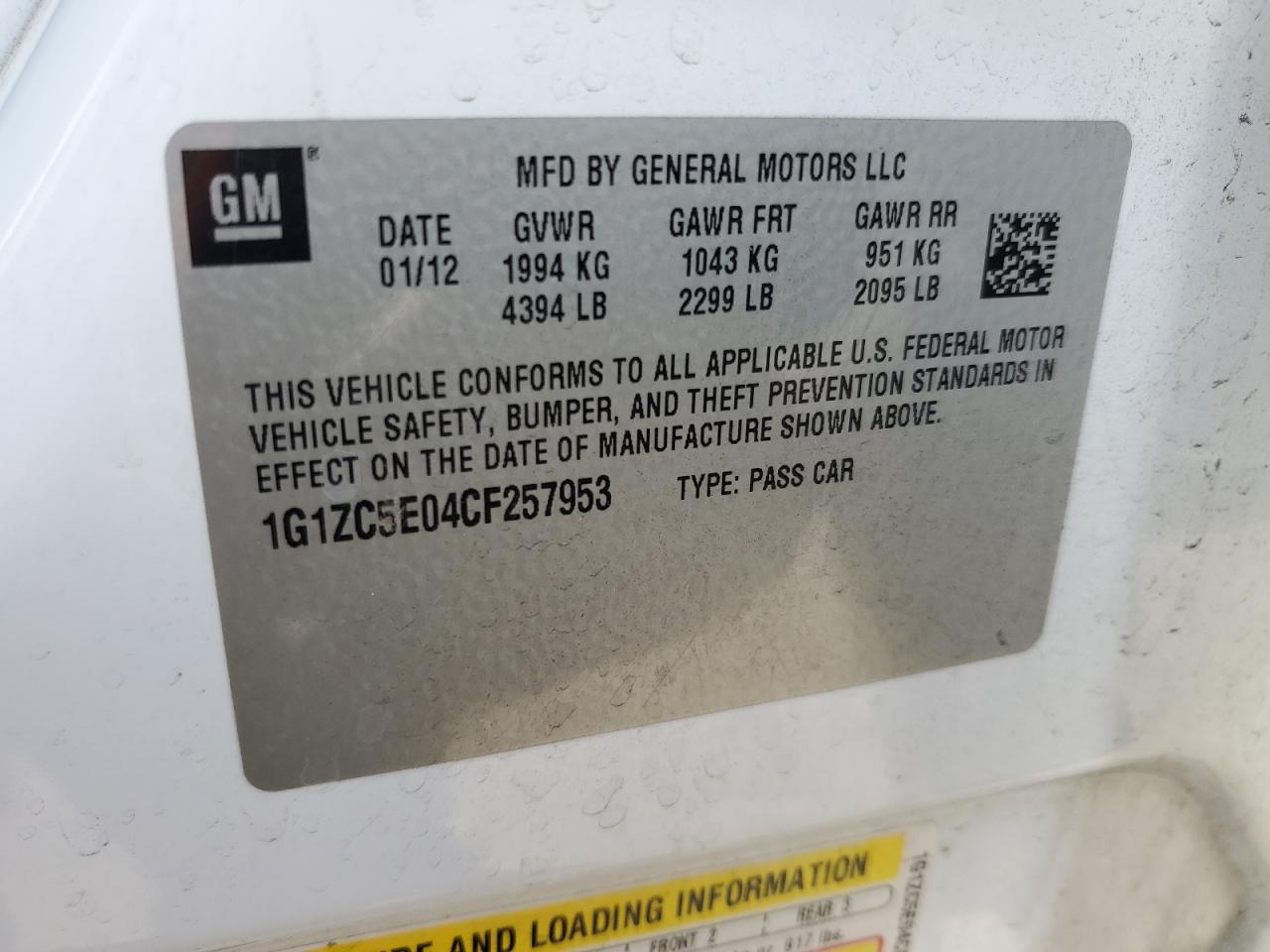 2012 Chevrolet Malibu VIN 1G1ZC5E04CF257953 Copart auction photo, front end / side damage thumbnail 12