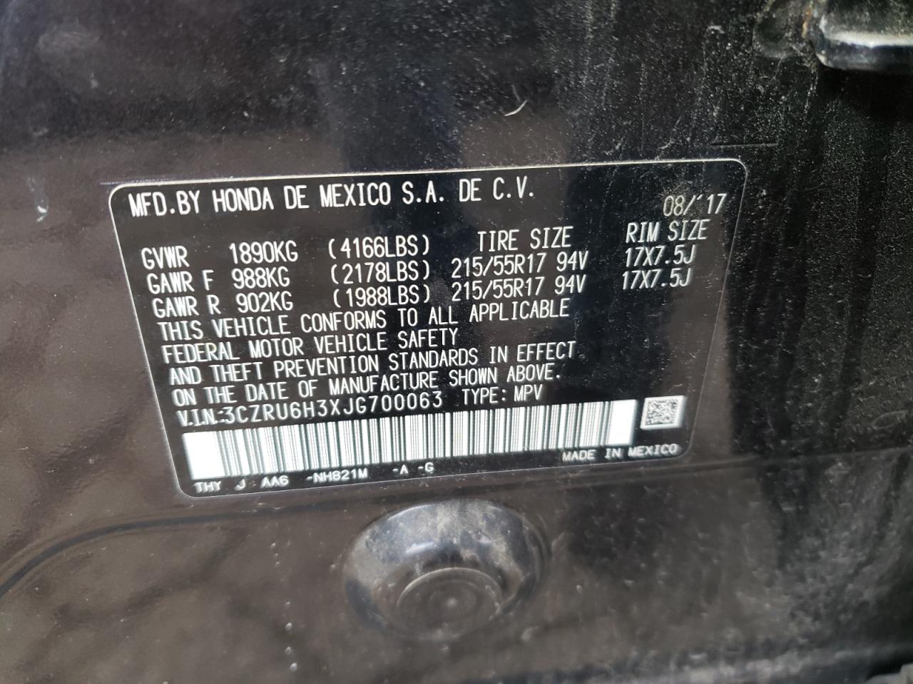 2018 Honda HR-V VIN 3CZRU6H3XJG700063 Copart auction photo, front end damage thumbnail 14