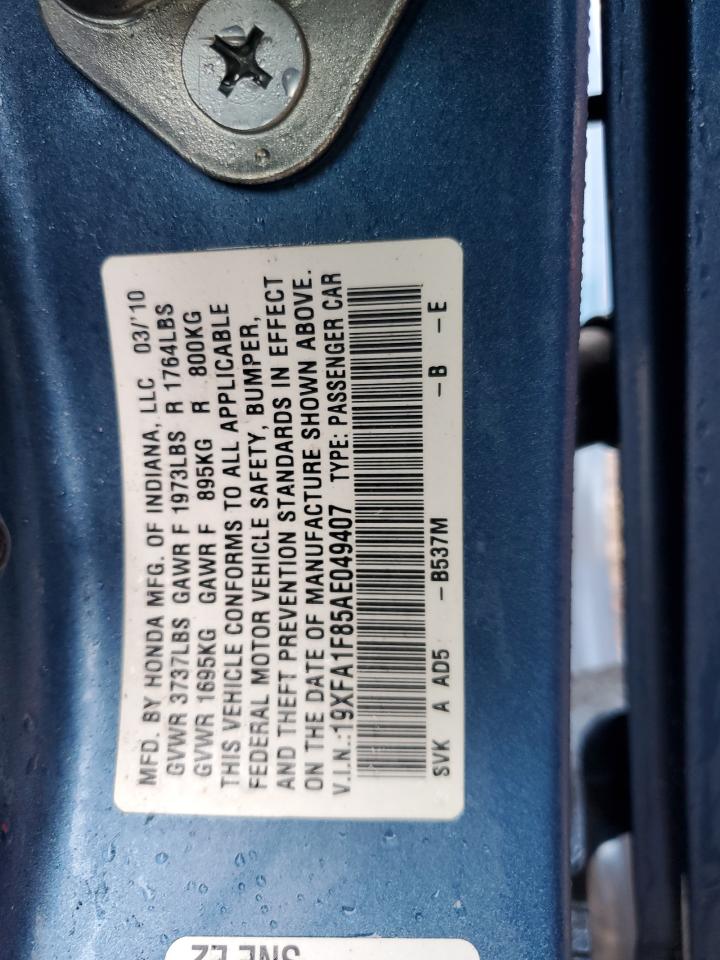2010 Honda Civic VIN 19XFA1F85AE049407 Copart auction photo, front end damage thumbnail 14