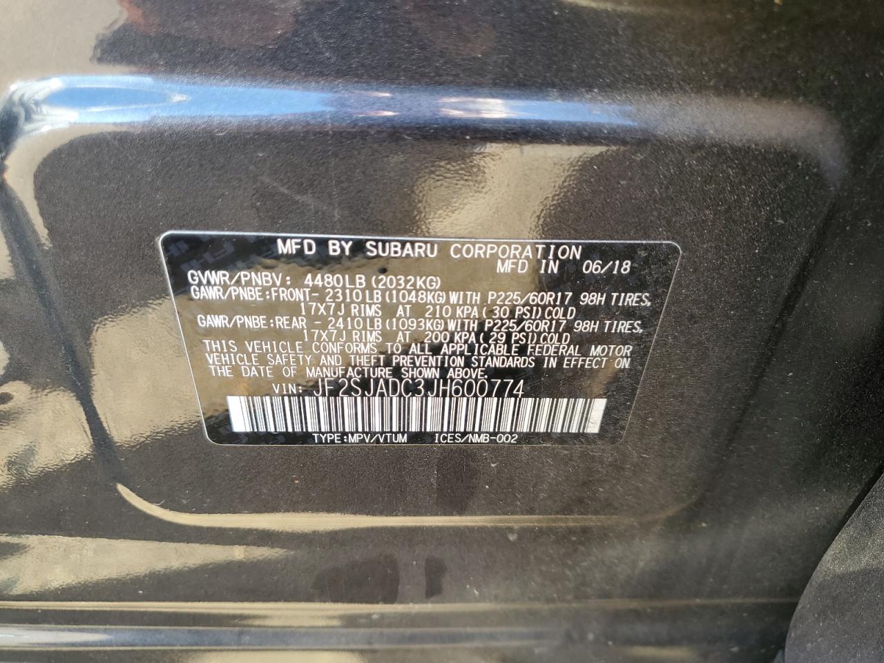 2018 Subaru Forester VIN JF2SJADC3JH600774 Copart auction photo, front end / side damage thumbnail 15