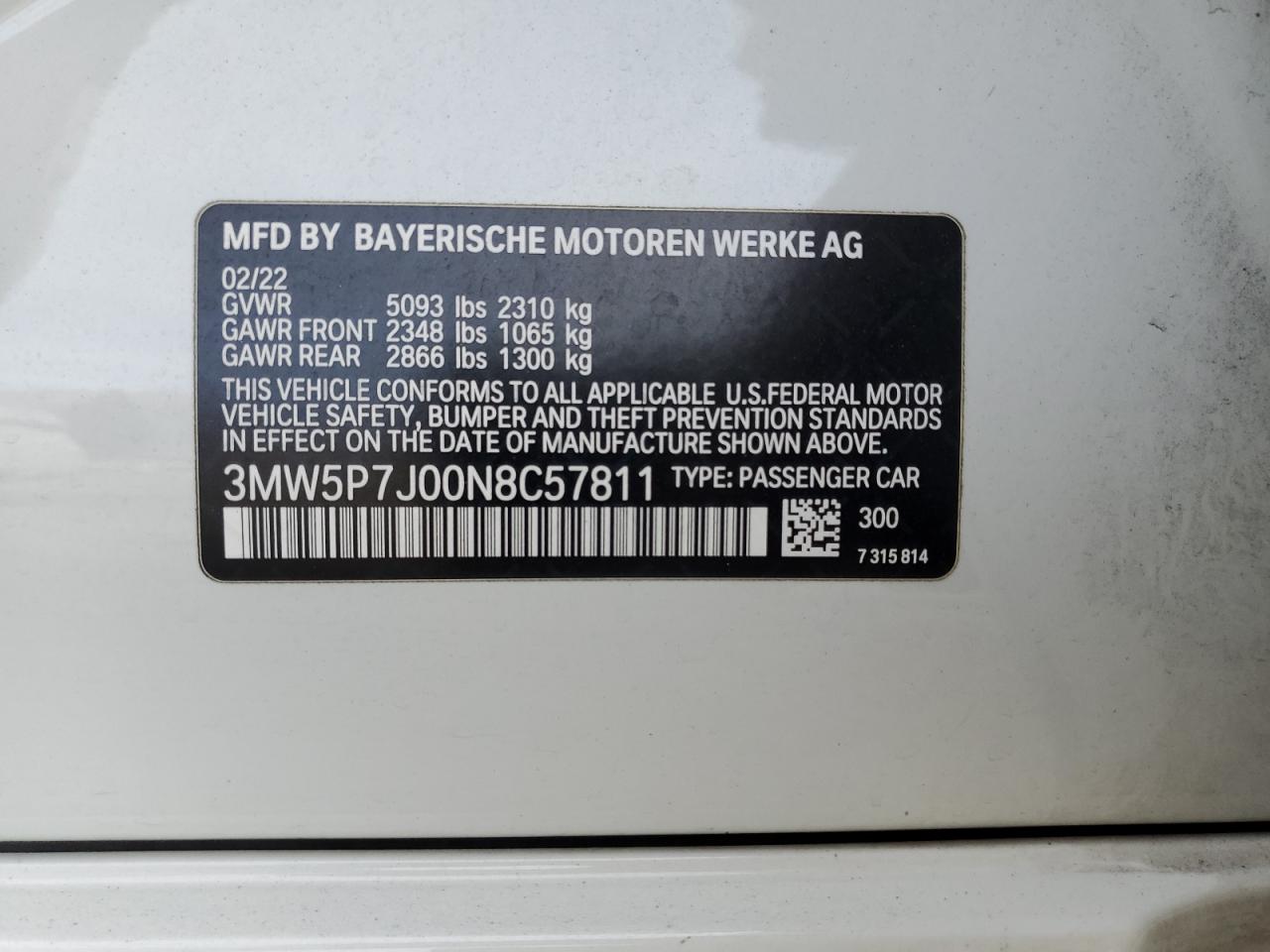 2022 BMW 3er VIN 3MW5P7J00N8C57811 Copart auction photo, front end damage thumbnail 15