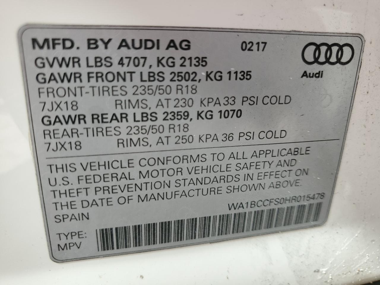 2017 Audi Q3 VIN WA1BCCFS0HR015478 Copart auction photo, front end / minor dent/scratches damage thumbnail 13
