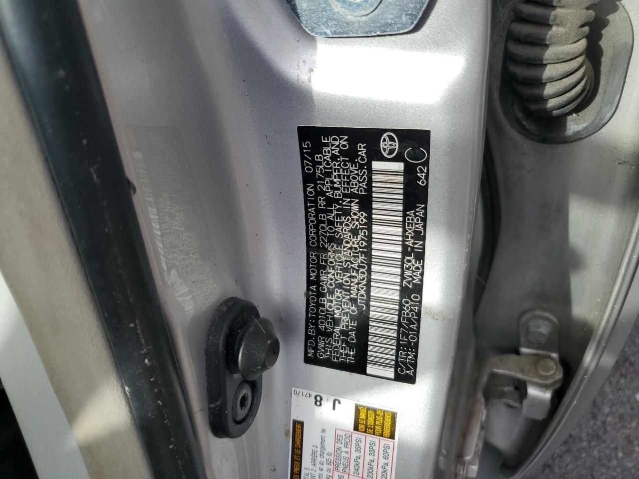 2015 Toyota Prius VIN JTDKN3DU7F1975199 Copart auction photo, water/flood damage thumbnail 13