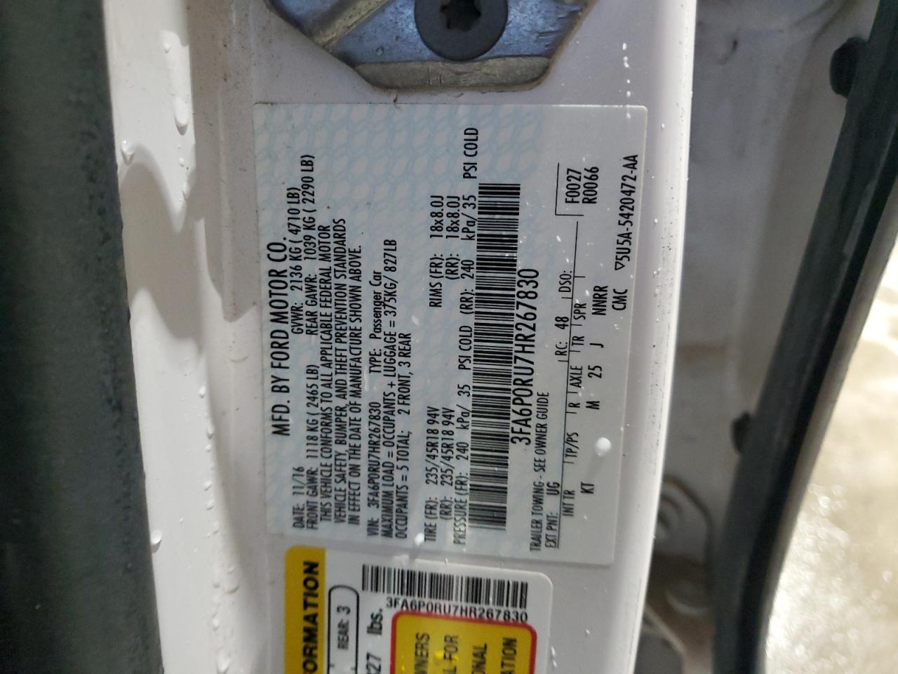 2017 Ford Fusion VIN 3FA6P0RU7HR267830 Copart auction photo, front end / undercarriage damage thumbnail 12