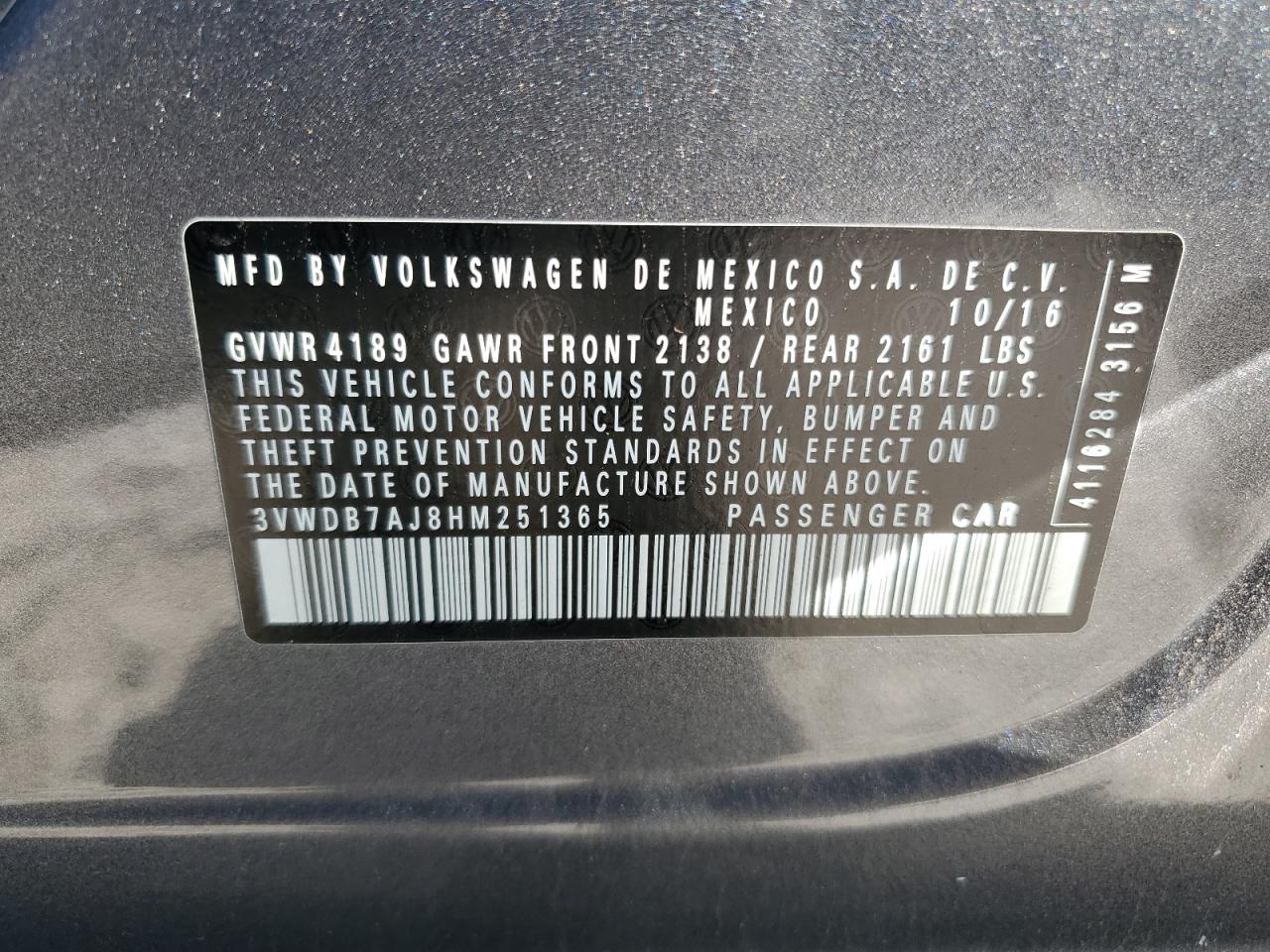 2017 Volkswagen Jetta VIN 3VWDB7AJ8HM251365 Copart auction photo, burn damage thumbnail 12
