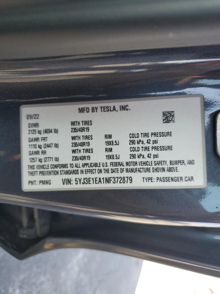 2022 Tesla Model 3 VIN 5YJ3E1EA1NF372879 Copart auction photo, front end / undercarriage damage thumbnail 14
