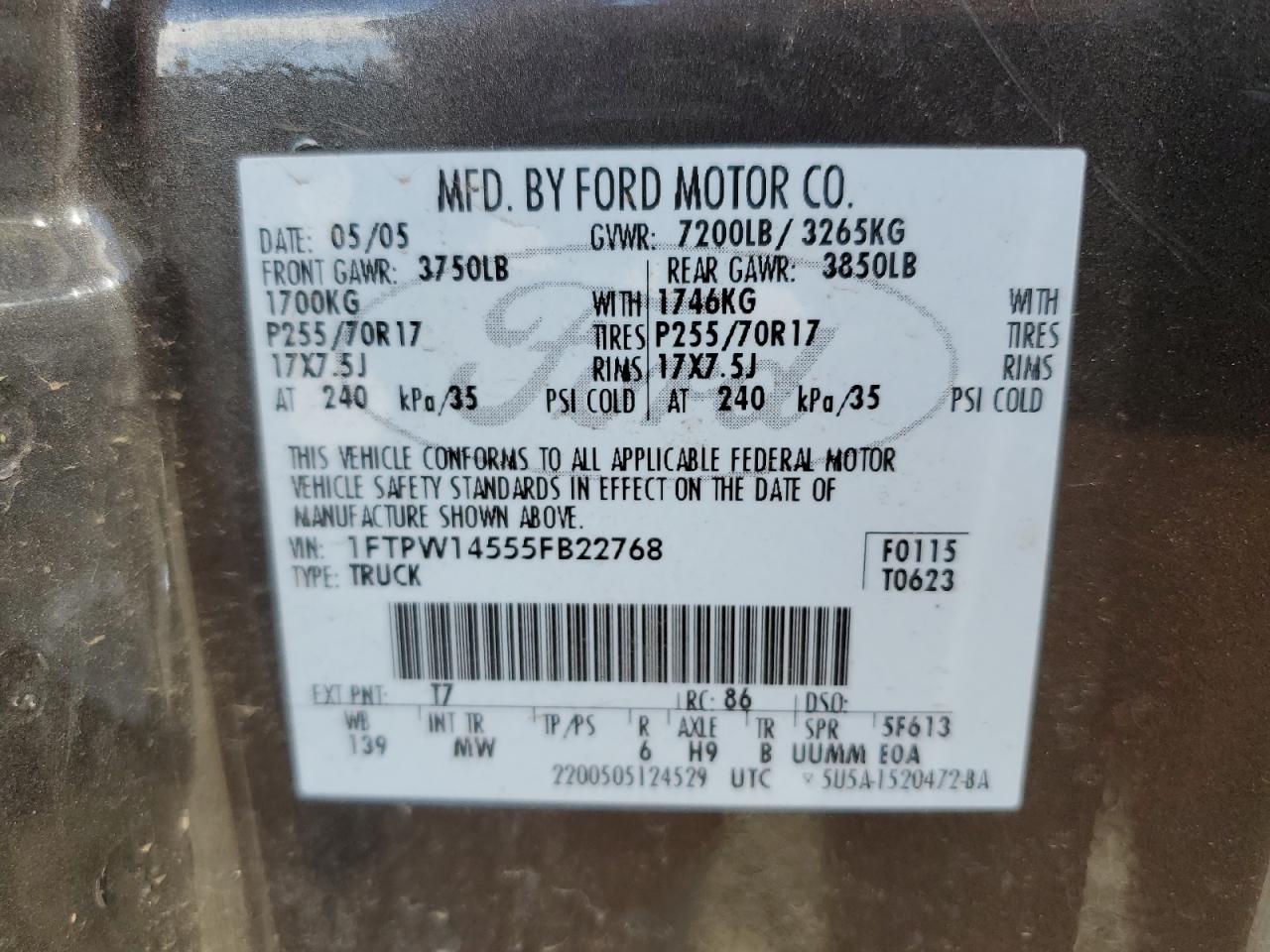 2005 Ford F-150 VIN 1FTPW14555FB22768 Copart auction photo, front end damage thumbnail 12