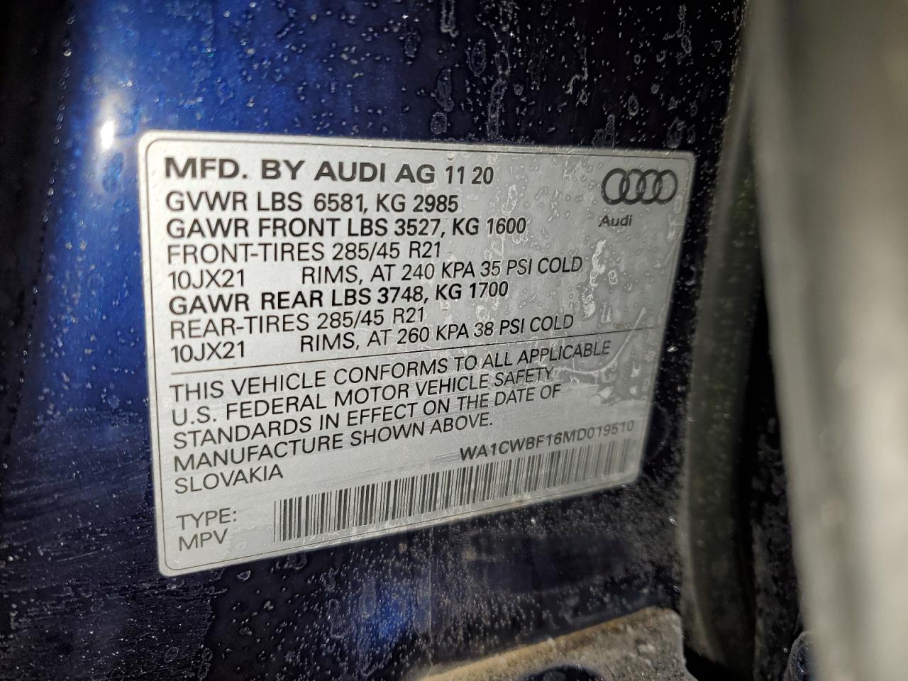 2021 Audi SQ8 VIN WA1CWBF16MD019510 Copart auction photo, front end damage thumbnail 13