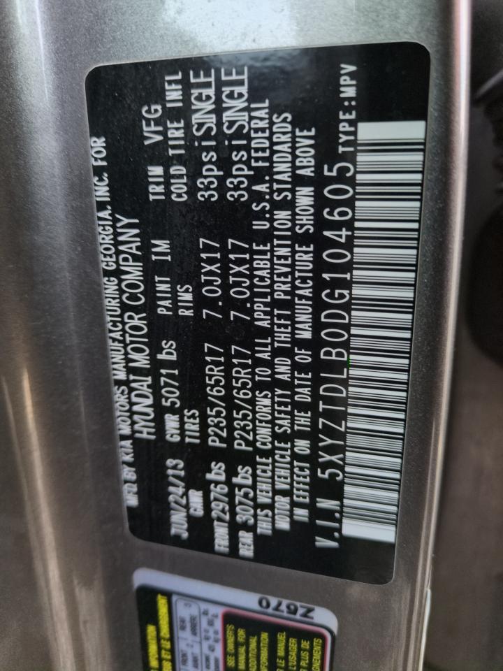 2013 Hyundai Santa Fe VIN 5XYZTDLB0DG104605 Copart auction photo, front end damage thumbnail 12