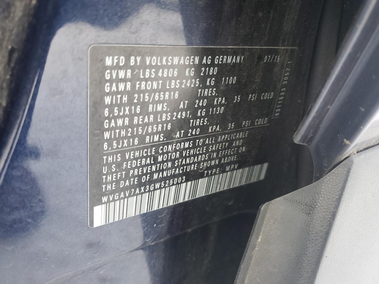 2016 Volkswagen Tiguan VIN WVGAV7AX3GW525003 Copart auction photo, front end / minor dent/scratches damage thumbnail 12