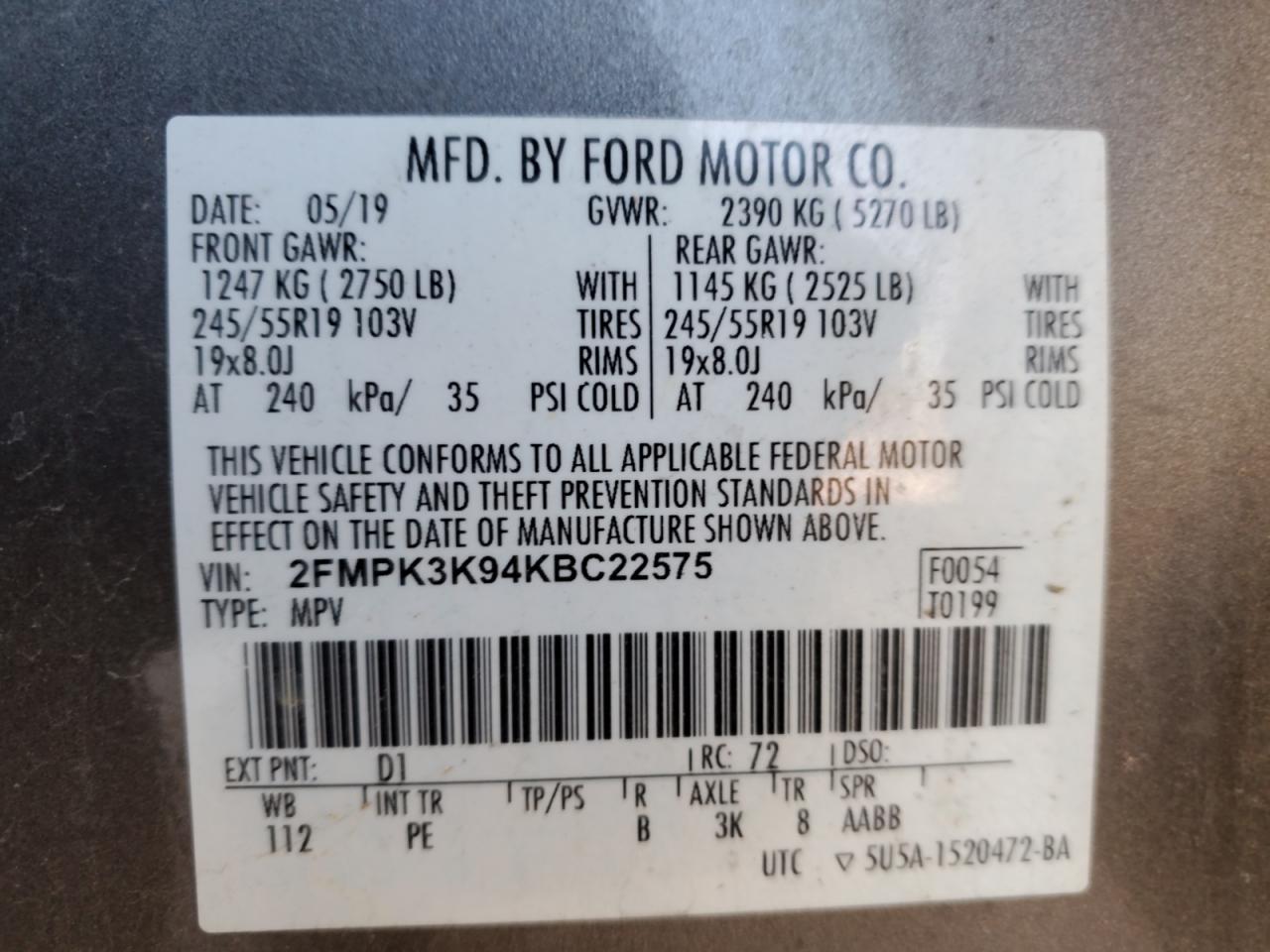 2019 Ford Edge VIN 2FMPK3K94KBC22575 Copart auction photo, front end damage thumbnail 16