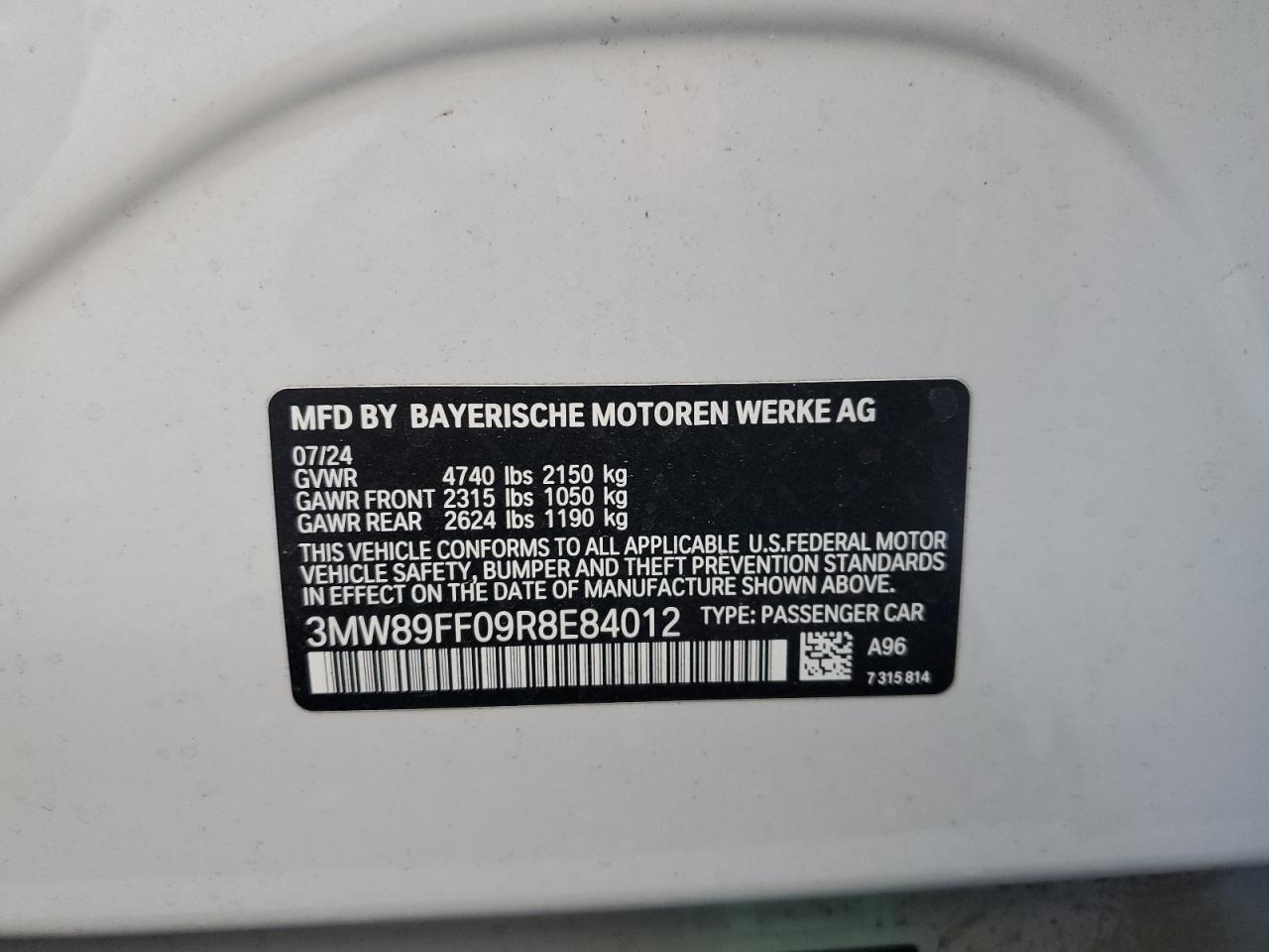 2024 BMW 3er VIN 3MW89FF09R8E84012 Copart auction photo, biohazard/chemical / all over damage thumbnail 12