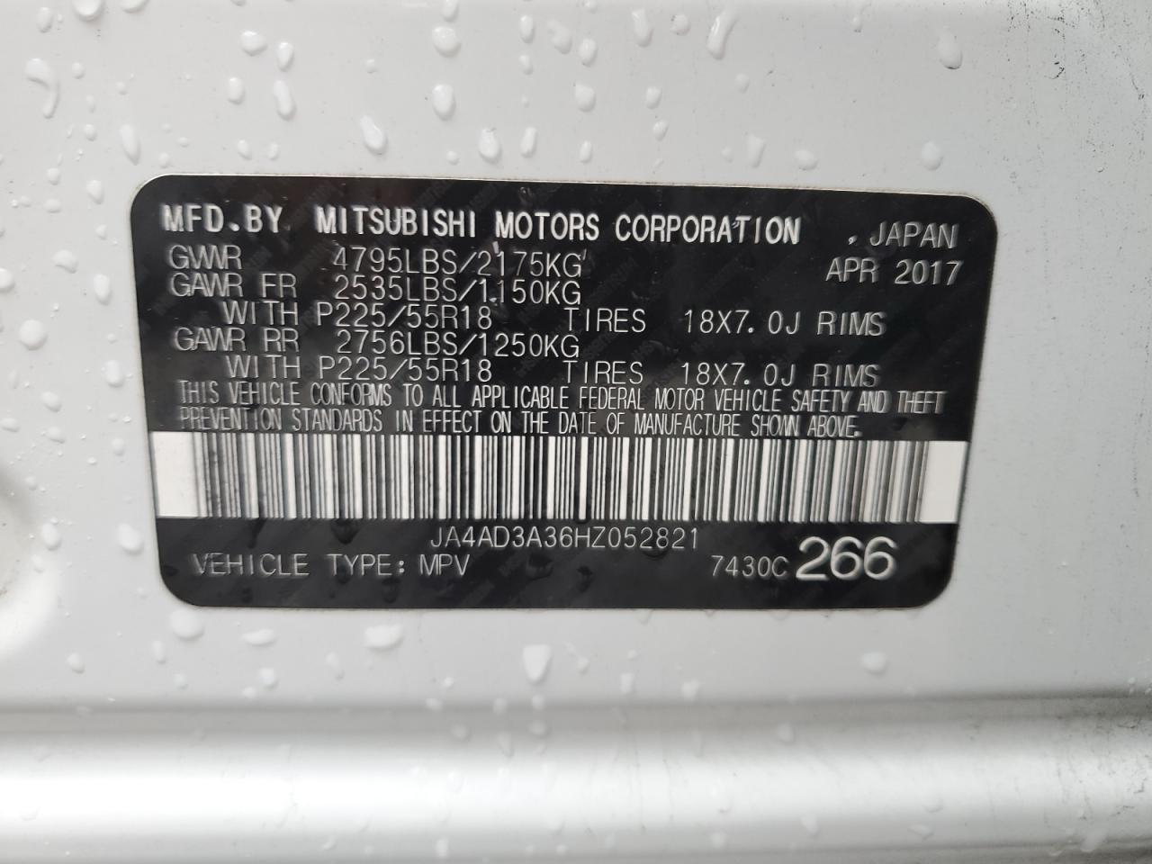 2017 Mitsubishi Outlander VIN JA4AD3A36HZ052821 Copart auction photo, front end / side damage thumbnail 15
