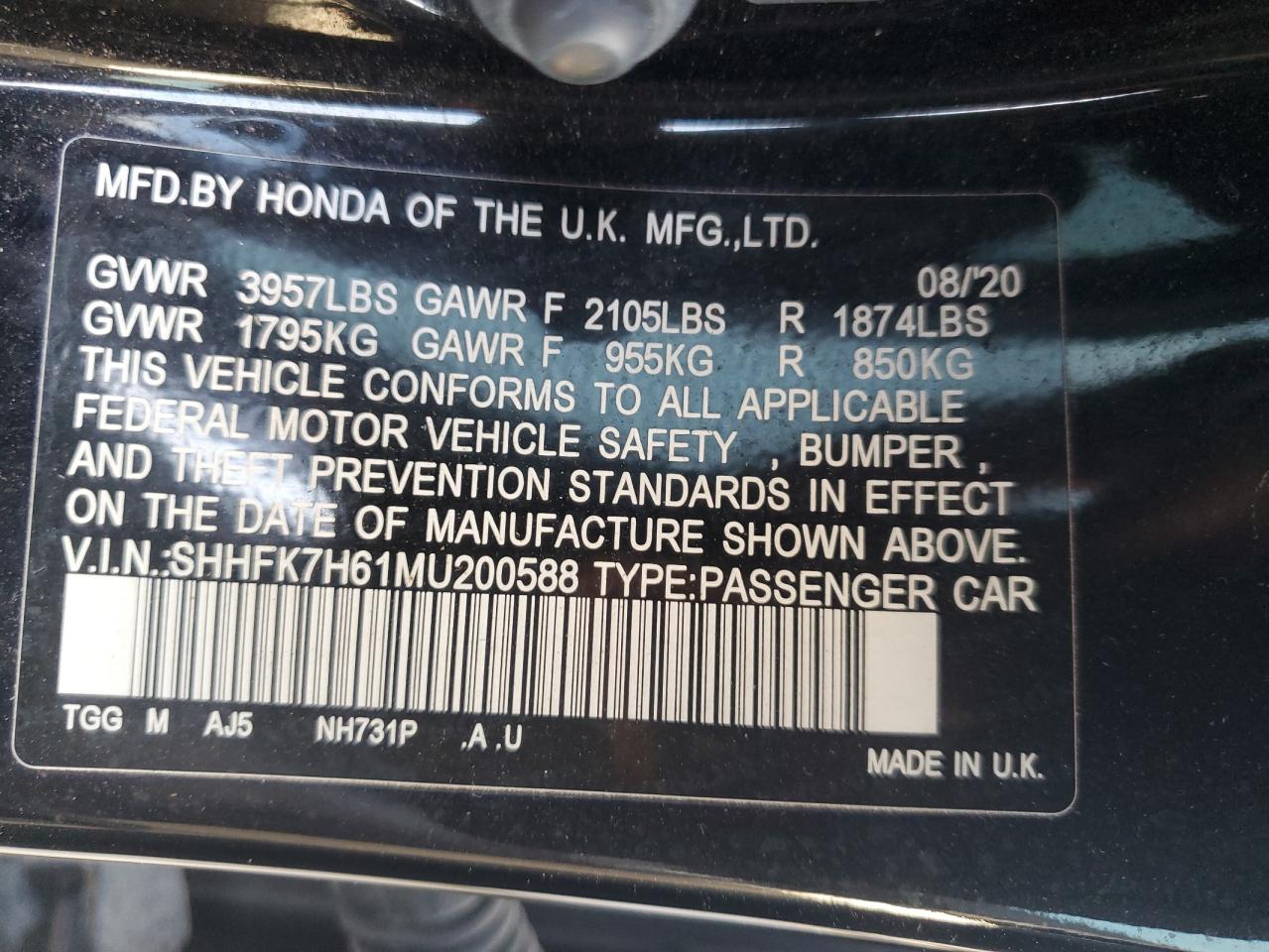 2021 Honda Civic VIN SHHFK7H61MU200588 Copart auction photo, front end / rear end damage thumbnail 14