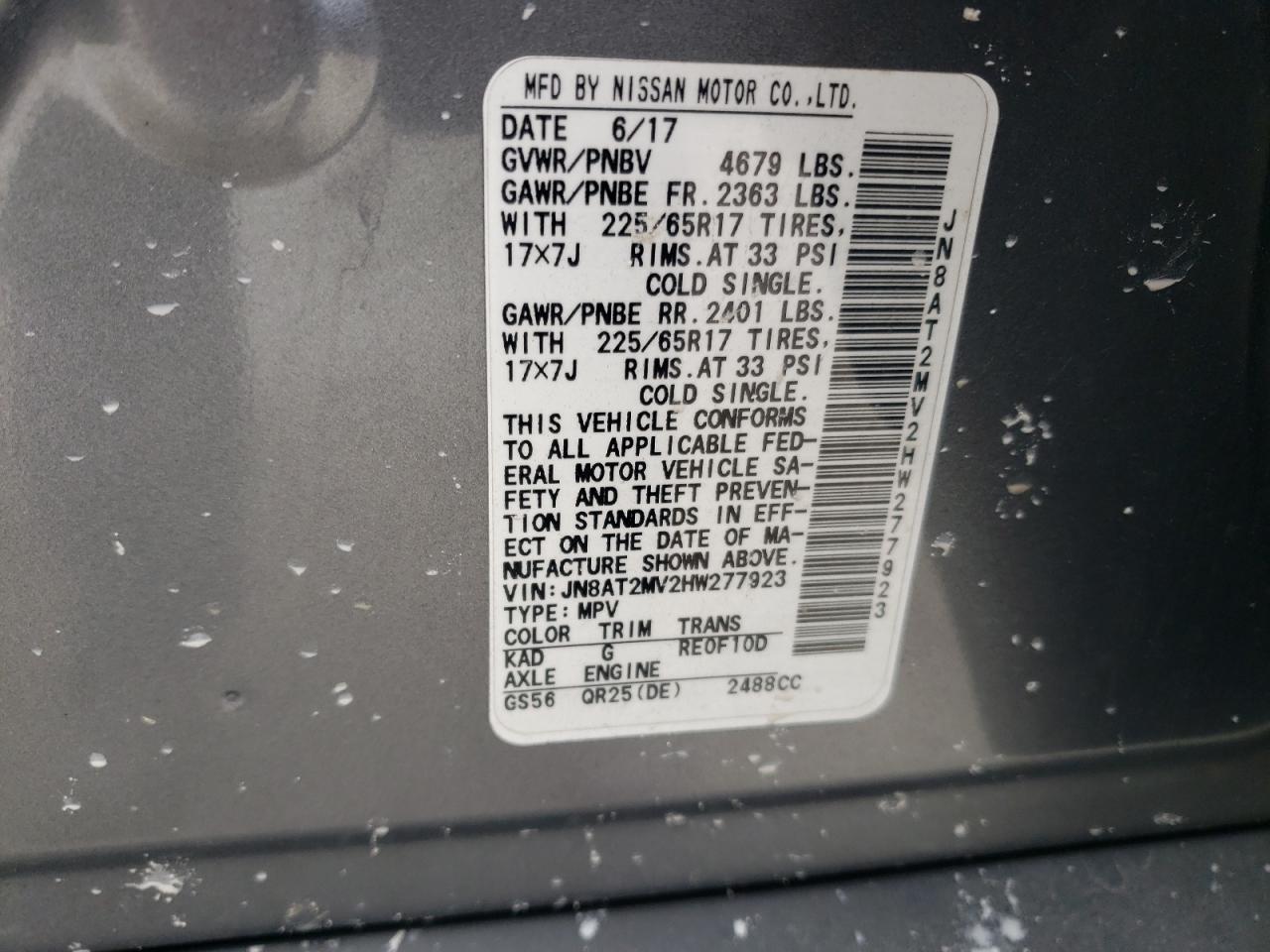 2017 Nissan Rogue VIN JN8AT2MV2HW277923 Copart auction photo, side / front end damage thumbnail 14