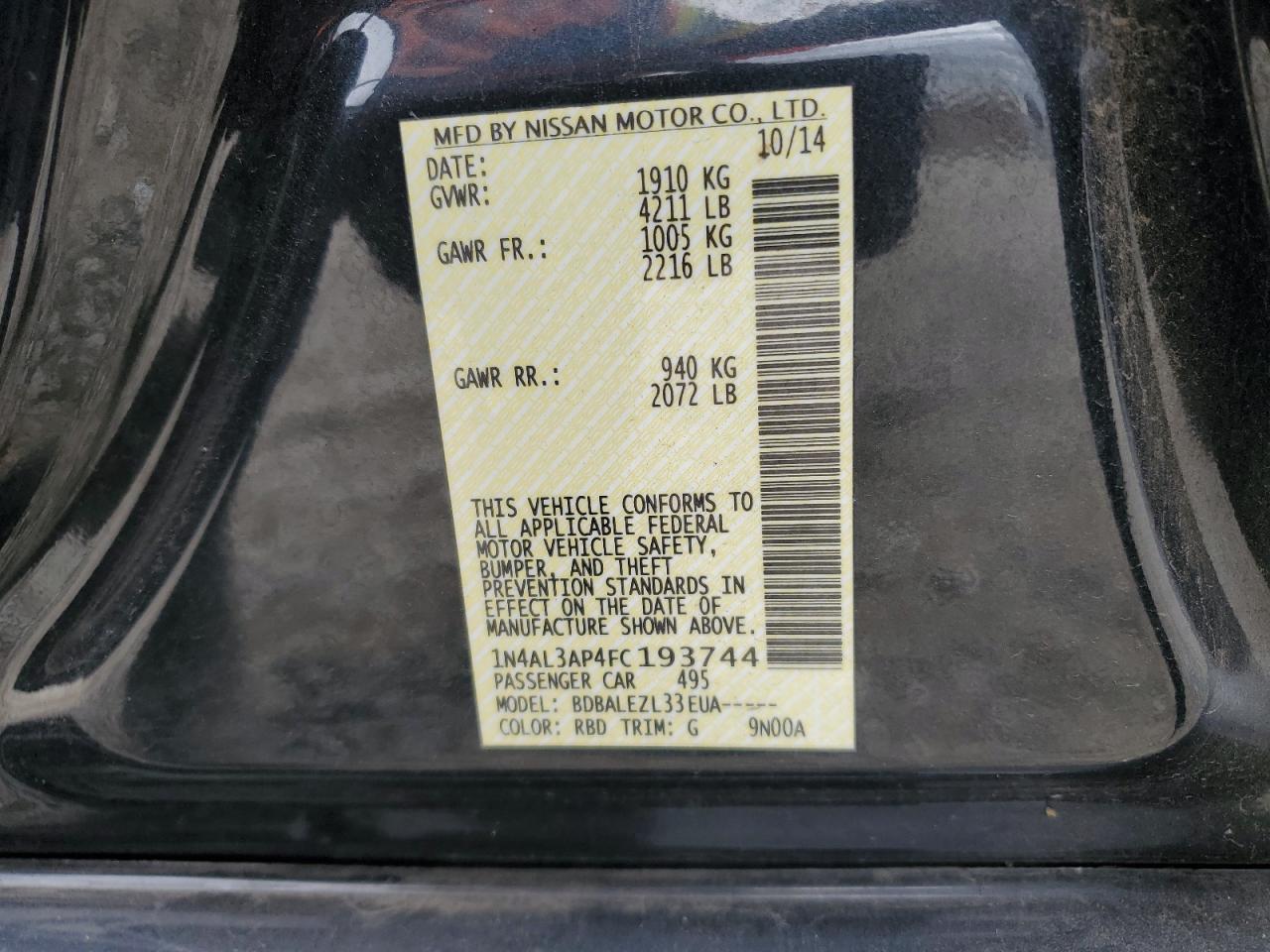 2015 Nissan Altima VIN 1N4AL3AP4FC193744 Copart auction photo, front end damage thumbnail 14
