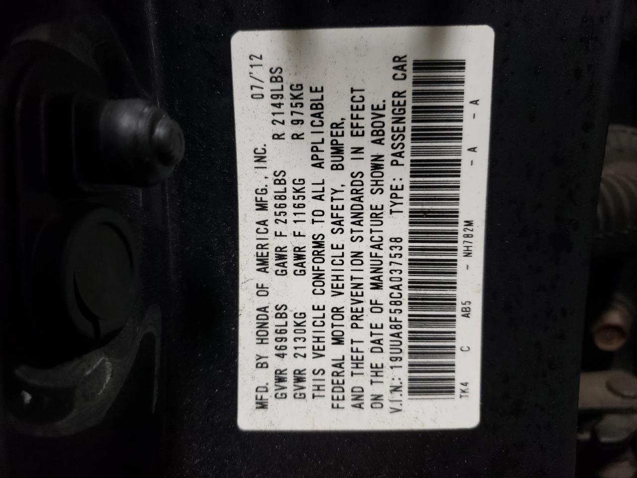 2012 Acura TL VIN 19UUA8F58CA037538 Copart auction photo, side / rear end damage thumbnail 12