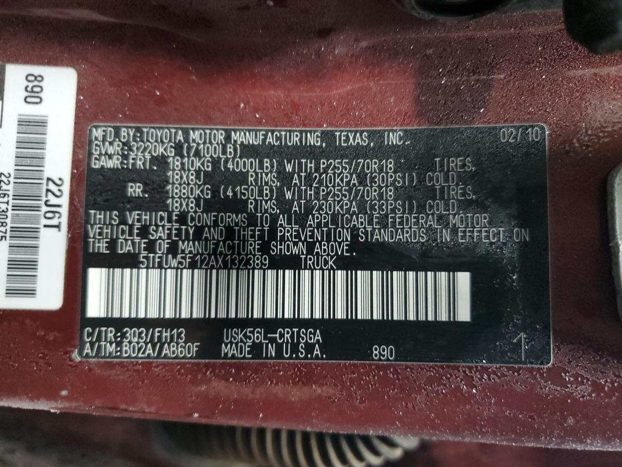 2010 Toyota Tundra VIN 5TFUW5F12AX132389 Copart auction photo, top/roof / side damage thumbnail 12