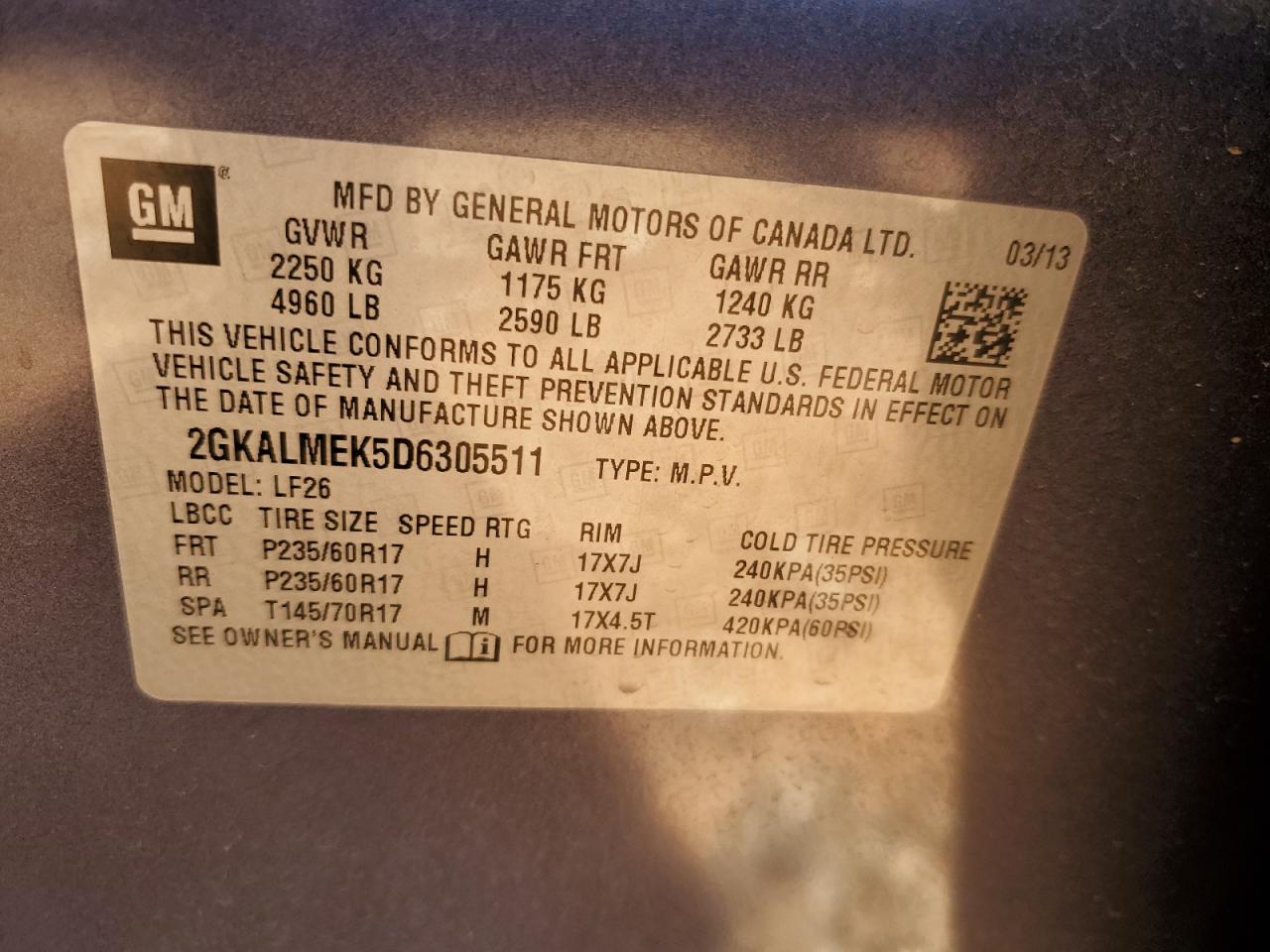 2013 GMC Terrain VIN 2GKALMEK5D6305511 Copart auction photo, all over damage thumbnail 14