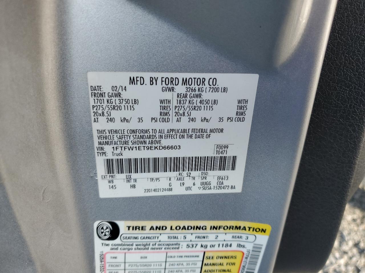 2014 Ford F-150 VIN 1FTFW1ET9EKD66603 Copart auction photo, front end damage thumbnail 12