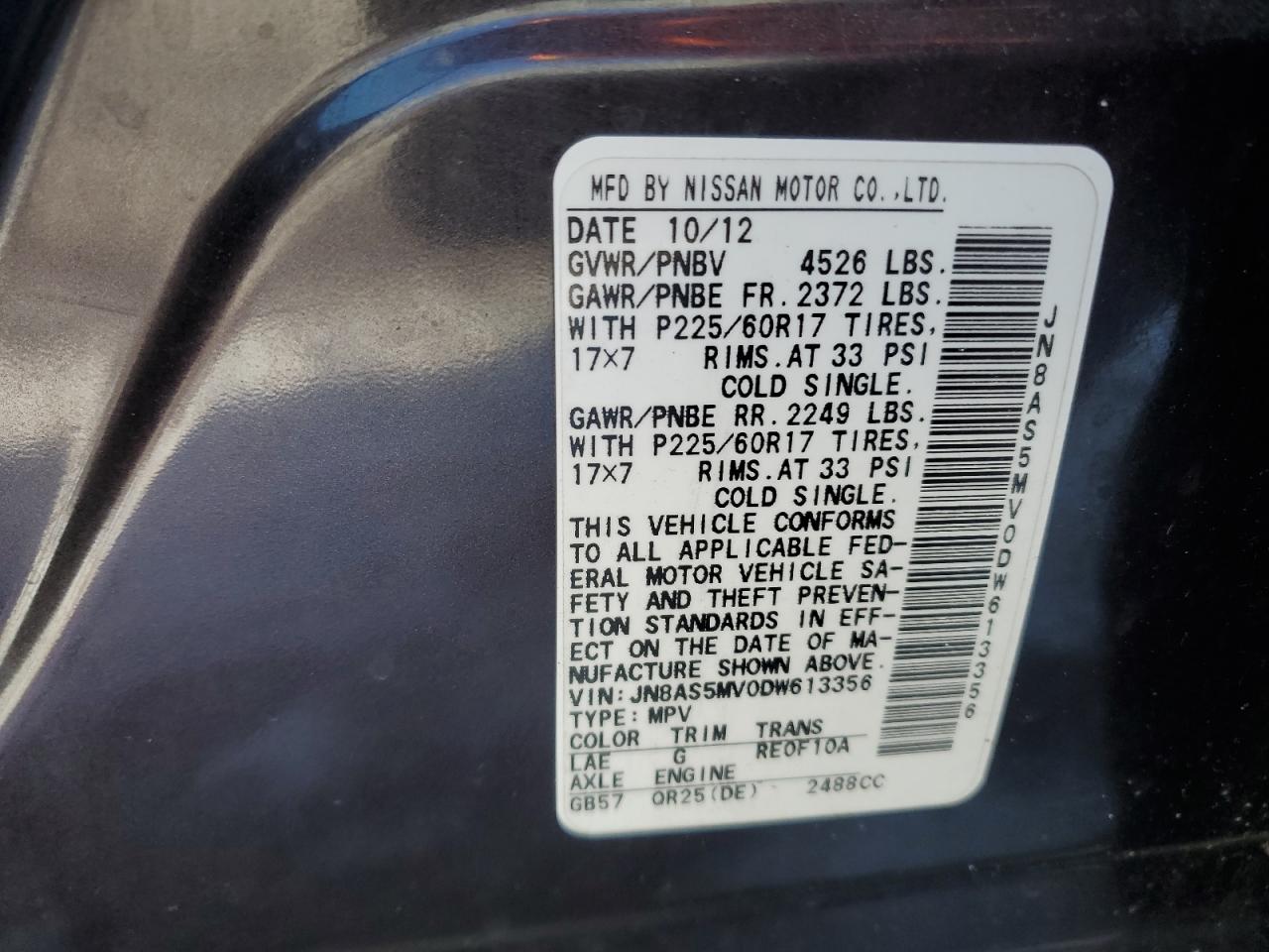 2013 Nissan Rogue VIN JN8AS5MV0DW613356 Copart auction photo, front end damage thumbnail 13