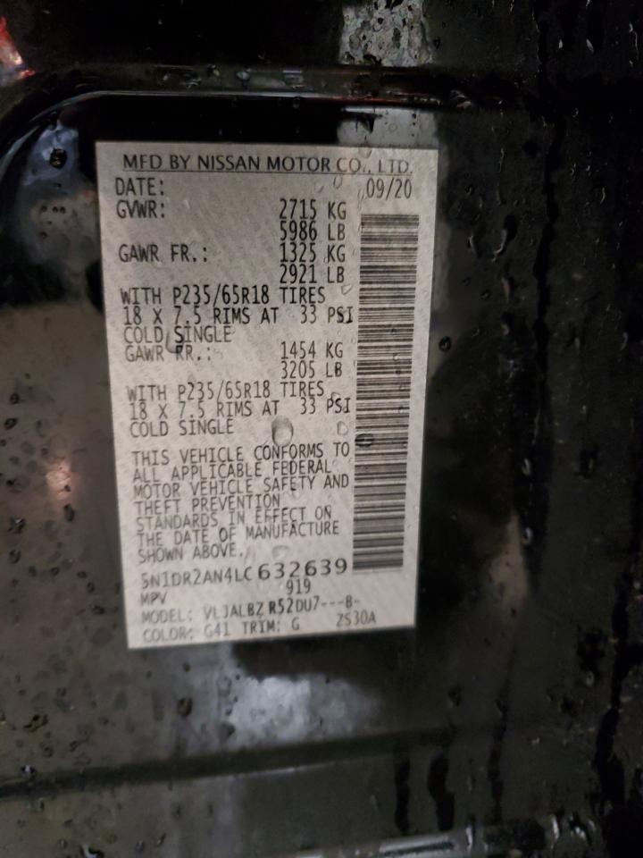 2020 Nissan Pathfinder VIN 5N1DR2AN4LC632639 Copart auction photo, all over damage thumbnail 14