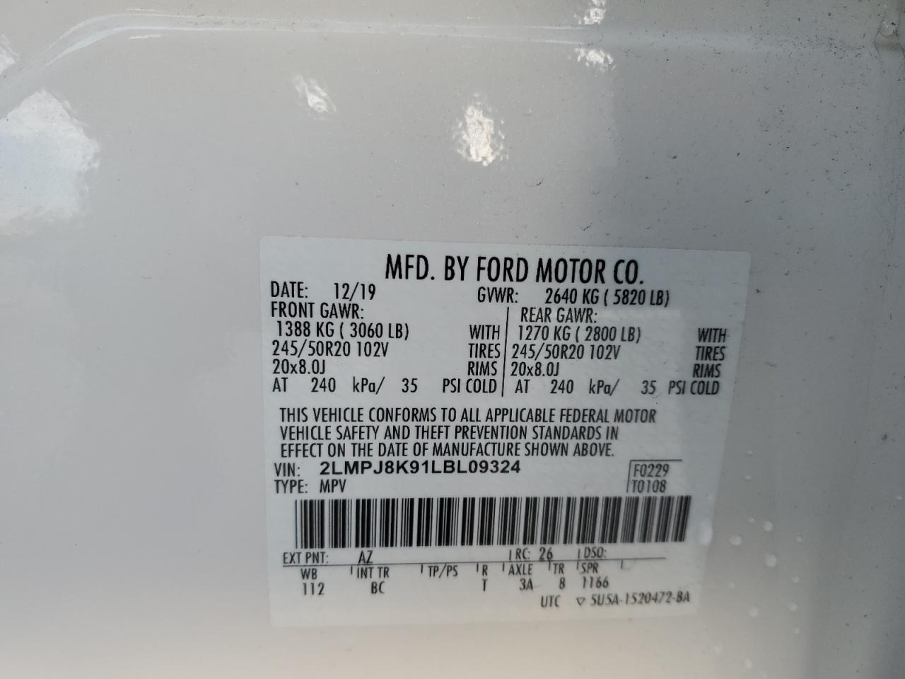 2020 Lincoln Nautilus VIN 2LMPJ8K91LBL09324 Copart auction photo, water/flood / minor dent/scratches damage thumbnail 13