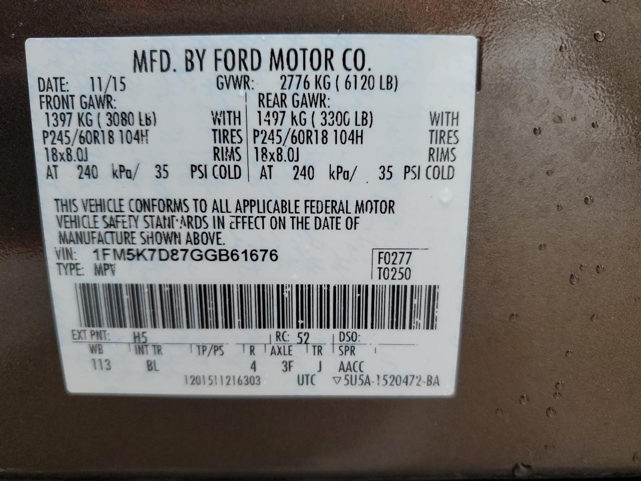 2016 Ford Explorer VIN 1FM5K7D87GGB61676 Copart auction photo, front end / minor dent/scratches damage thumbnail 14