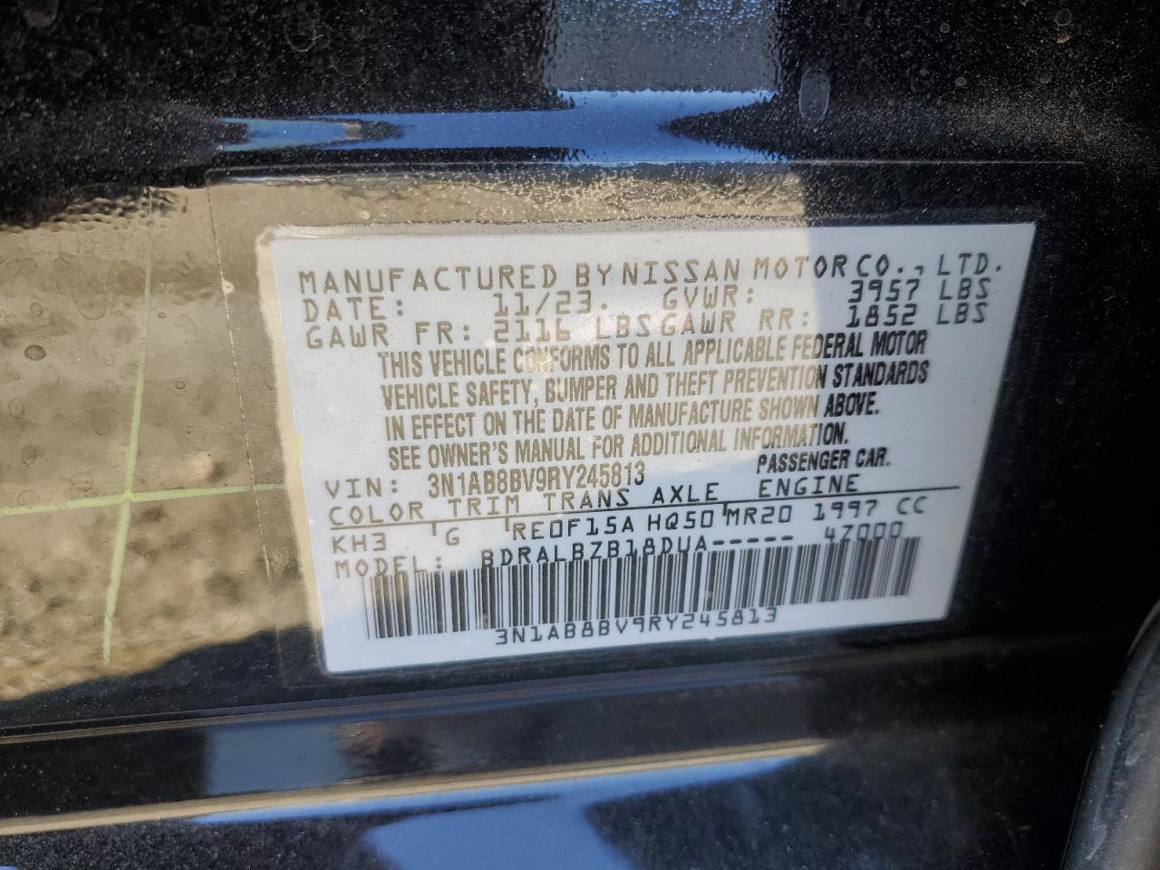 2024 Nissan Sentra VIN 3N1AB8BV9RY245813 Copart auction photo, side damage thumbnail 12