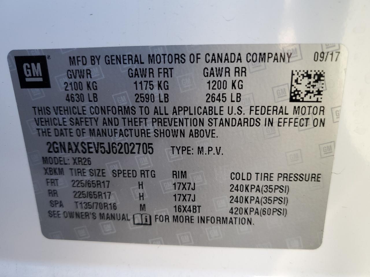 2018 Chevrolet Equinox VIN 2GNAXSEV5J6202705 Copart auction photo, front end damage thumbnail 14