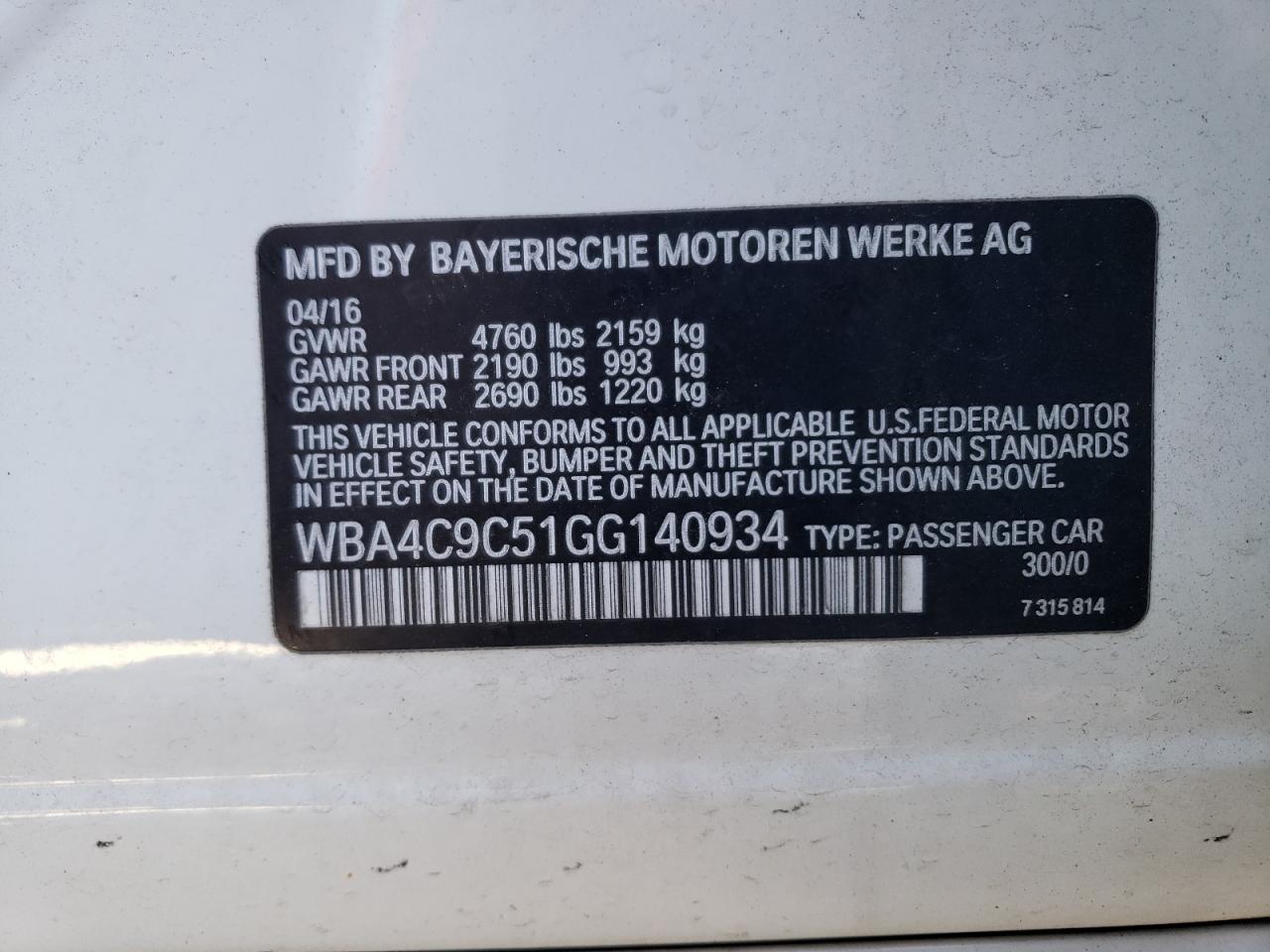 2016 BMW 4er VIN WBA4C9C51GG140934 Copart auction photo, rear end damage thumbnail 12