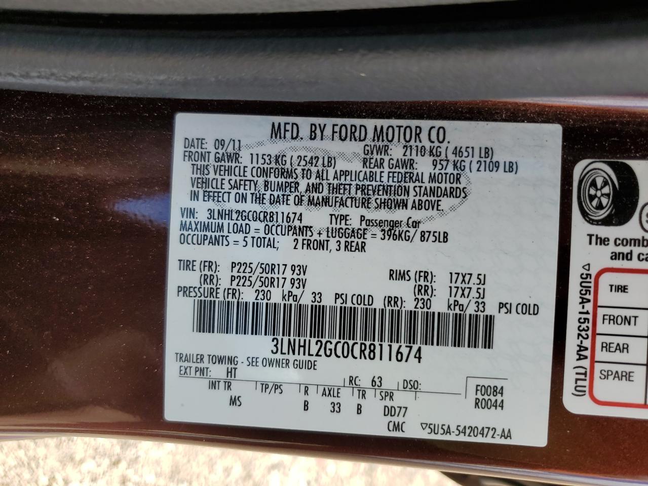 2012 Lincoln MKZ VIN 3LNHL2GC0CR811674 Copart auction photo, all over damage thumbnail 14
