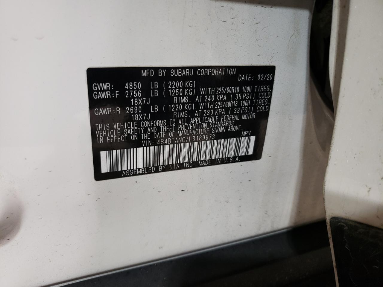 2020 Subaru Outback VIN 4S4BTANC7L3189673 Copart auction photo, front end damage thumbnail 13