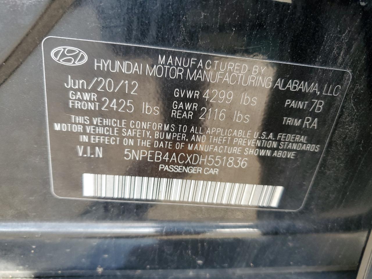 2013 Hyundai Sonata VIN 5NPEB4ACXDH551836 Copart auction photo, front end damage thumbnail 12